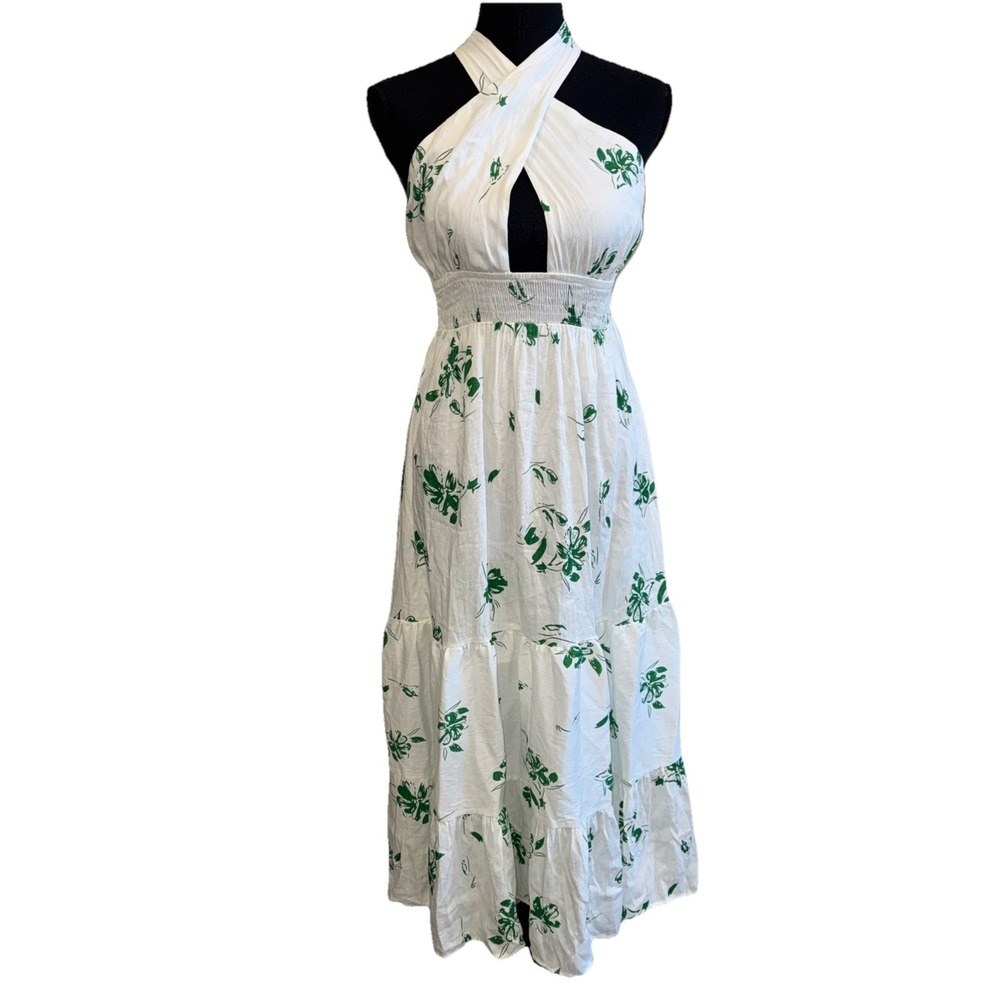 Reverse Dainty Floral Crossover Midi Dress Sz Small Grern/White
